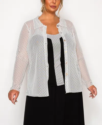 Coin 1804 Plus Size Dot Mesh Button Front Long Sleeve Top In White