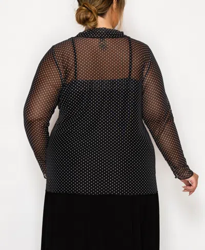 Coin 1804 Plus Size Dot Mesh Button Front Long Sleeve Top In Black