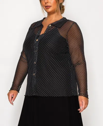 Coin 1804 Plus Size Dot Mesh Button Front Long Sleeve Top In Black