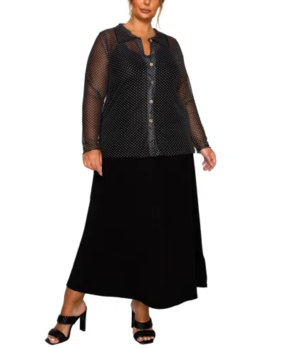 Coin 1804 Plus Size Dot Mesh Button Front Long Sleeve Top In Black