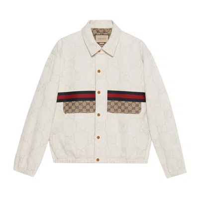 Pre-owned Gucci Maxi Gg Denim Jacket With Web 'ivory' | Cream | Men's Size 48 In White