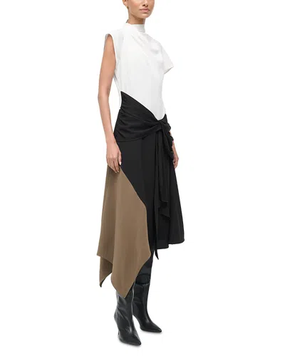 Staud Davina Asymmetric Paneled Color-block Draped Crepe Dress In Black