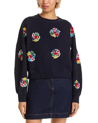 Essentiel Antwerp Navy And Multicolor Cotton Sweatshirt With Floral Sequin And Bead-embellished Embroideries In Blue