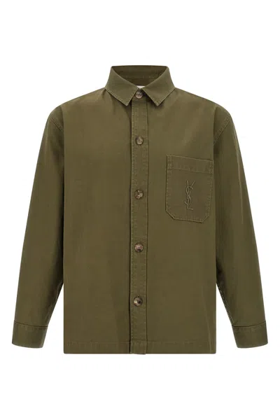 Saint Laurent Green Shirt With Classic Collar And Cassandre Embroidery On The Front In Cotton Man