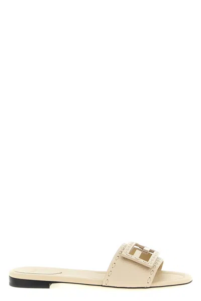 Fendi Baguette Ff Leather Buckle Flat Slide Sandals In White