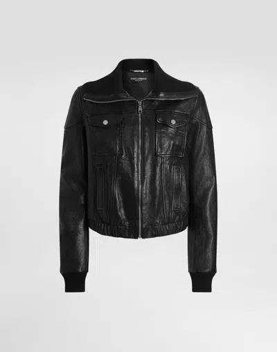 Dolce & Gabbana Black Lamb Leather Jacket With Ribbed Detailing In Black