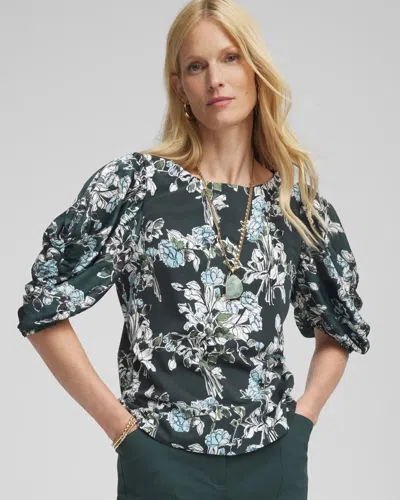 Chico's Crewneck Bubble-sleeve Top In Darkest Spruce In Green