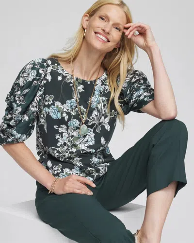 Chico's Crewneck Bubble-sleeve Top In Darkest Spruce In Green