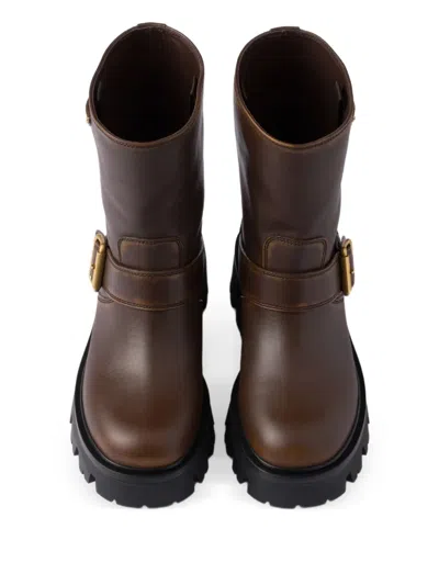 Prada Vintage-finish Leather Booties In Brown