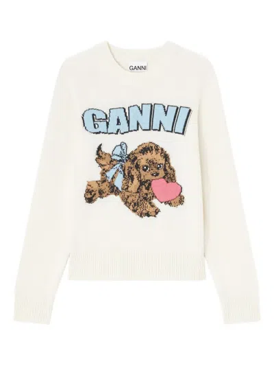Ganni Womens Egret Puppy Round-neck Wool-blend Jumper Xs In White