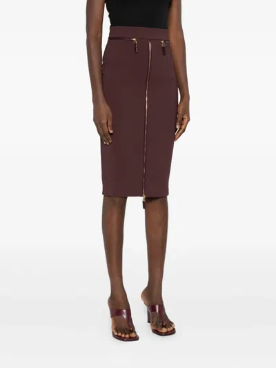 Elisabetta Franchi High-waisted Midi Skirt Zip Detailing In Brown