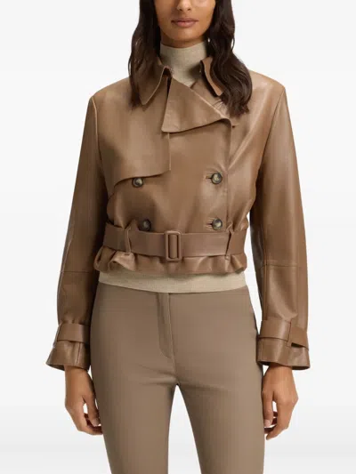 Hugo Boss Boss Satela Double Breasted Leather Jacket In Brown