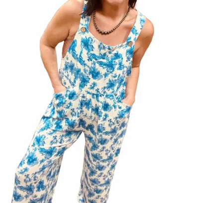 Blakeley The Cassidy Floral Boho Overalls In White & Blue In Blue