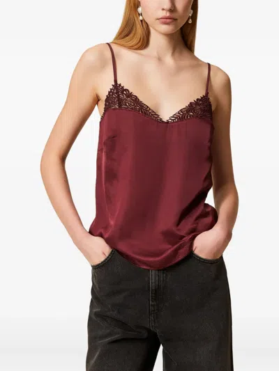 Twinset Bordeaux Top With Thin Strap And Logo Plaque On The Back In Fabric Woman In Burgundy