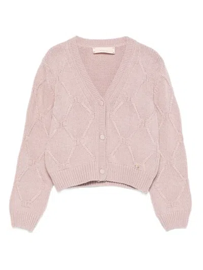 Elisabetta Franchi La Mia Bambina Diamond-pattern Button Cardigan In Pink