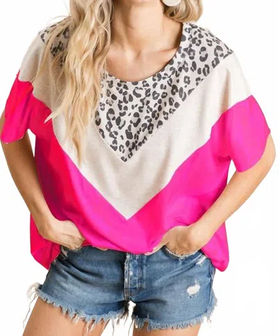 Bibi Leopard & Color Block Top In Neon Pink In Multi