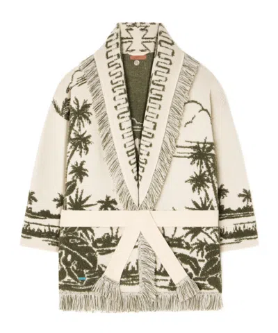 Alanui Long Cardigan With Belted Waist And Fringe In Green
