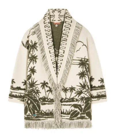 Alanui Long Cardigan With Belted Waist And Fringe In Green