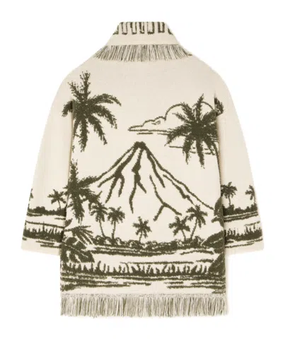 Alanui Long Cardigan With Belted Waist And Fringe In Green