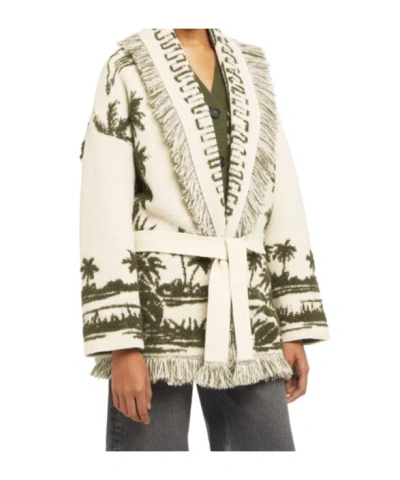 Alanui Long Cardigan With Belted Waist And Fringe In Green