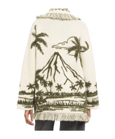 Alanui Long Cardigan With Belted Waist And Fringe In Green