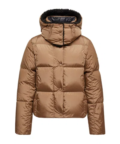 Moncler Piumino Corto Castelnou Con Cappuccio In Pile E Trapuntatura A Quadri In Brown
