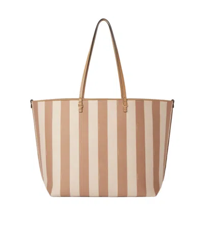 Fendi Pequin Striped And Ff Fabric Roll Large Reversible Shopper In White