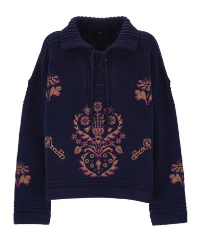 Etro Lace-up Embroidered Sweater In Blue