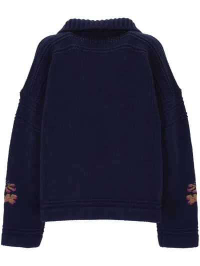 Etro Lace-up Embroidered Sweater In Blue