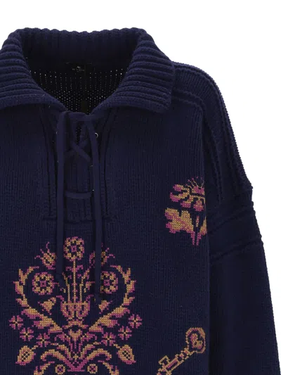 Etro Lace-up Embroidered Sweater In Blue