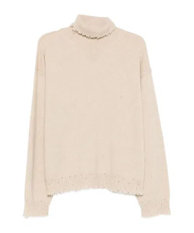 Uma Wang High Neck Cashmere Sweater With Frayed Edges In Neutral