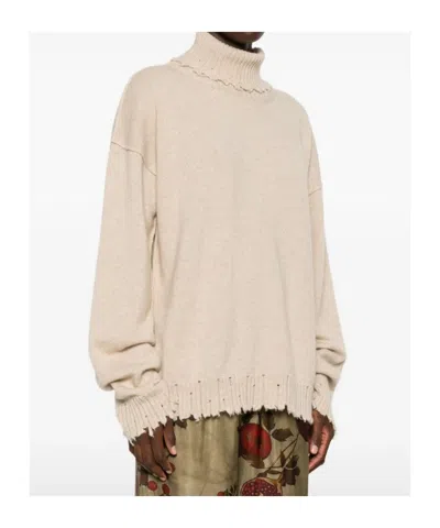 Uma Wang High Neck Cashmere Sweater With Frayed Edges In Neutral