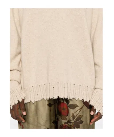 Uma Wang High Neck Cashmere Sweater With Frayed Edges In Neutral