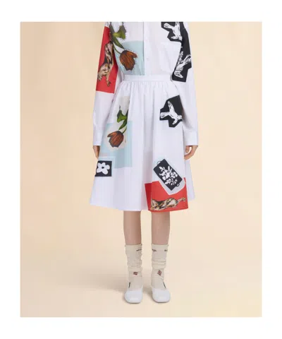 Marni Womens 00w01 Abstract-print High-rise Cotton-poplin Midi Skirt In White