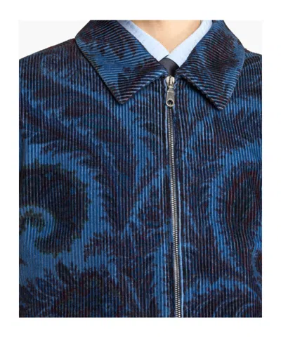Etro Velvet Bomber Jacket With Print In Blue