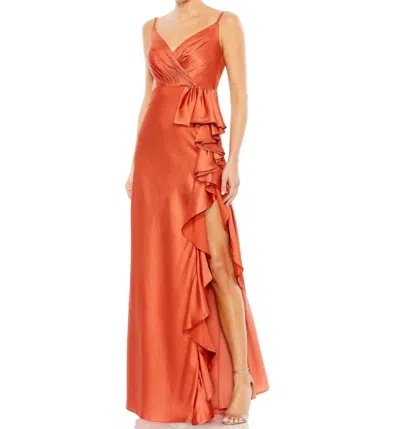 Mac Duggal Ieena V-neck Spaghetti Strap Satin Gown In Spice In White