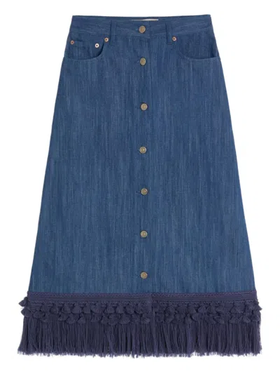 Valentino Cotton-linen Fringed Midi Skirt In Blue