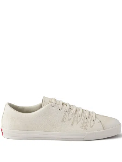 Prada Low Profile Round Toe Rubber Sole Sneakers In White
