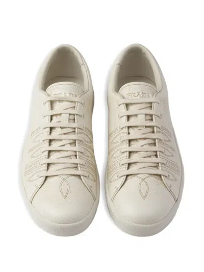 Prada Low Profile Round Toe Rubber Sole Sneakers In White