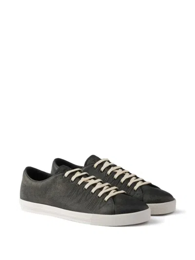 Prada Aged-effect Leather Sneakers In Black