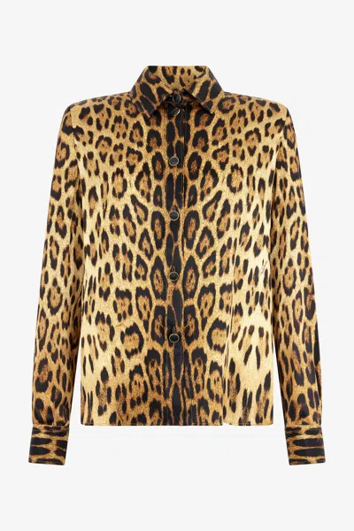 Roberto Cavalli Silk Shirt With Jaguar Skin Print In Brown