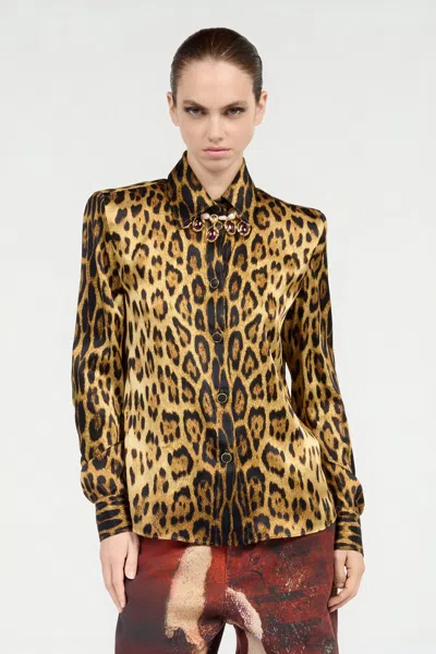 Roberto Cavalli Silk Shirt With Jaguar Skin Print In Brown