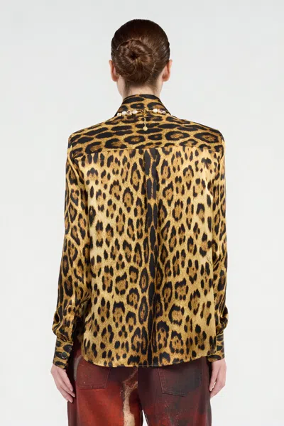 Roberto Cavalli Silk Shirt With Jaguar Skin Print In Brown