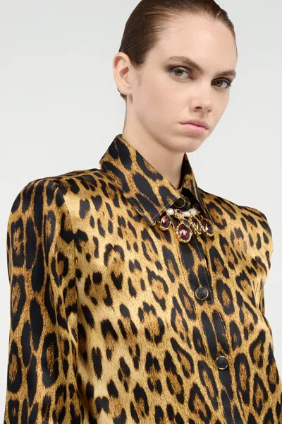 Roberto Cavalli Silk Shirt With Jaguar Skin Print In Brown