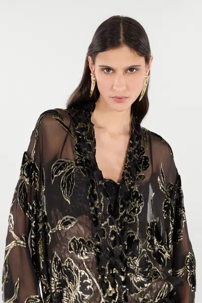 Roberto Cavalli See-through Robe With Floral Pattern In Black