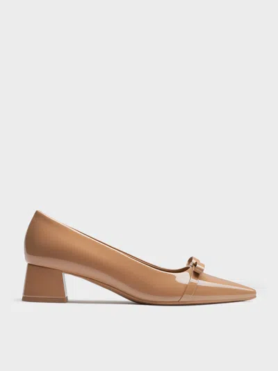 Charles & Keith - Dorian Patent Bow Pointed-toe Block-heel Pumps In Brown
