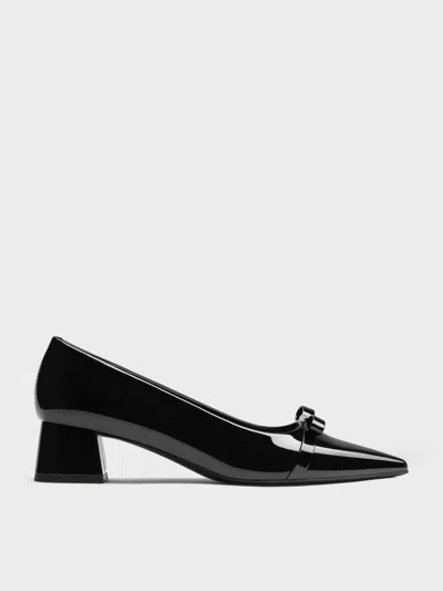 Charles & Keith - Dorian Patent Bow Pointed-toe Block-heel Pumps In Black