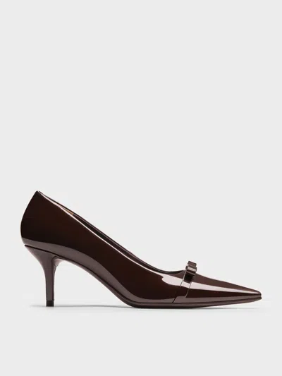 Charles & Keith - Dorian Patent Bow Pointed-toe Stiletto-heel Pumps In Brown