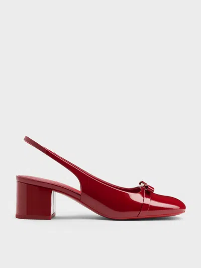 Charles & Keith - Dorian Patent Bow Block-heel Slingback Pumps In Red