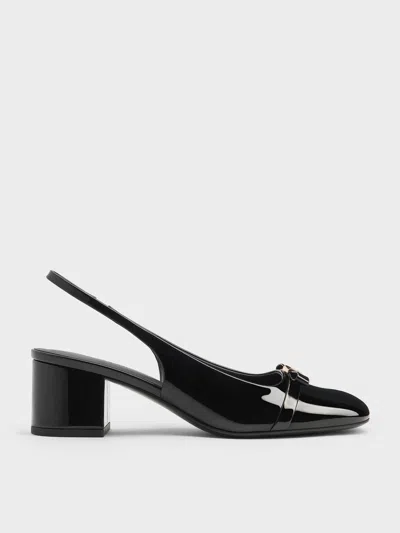 Charles & Keith - Dorian Patent Bow Block-heel Slingback Pumps In Black